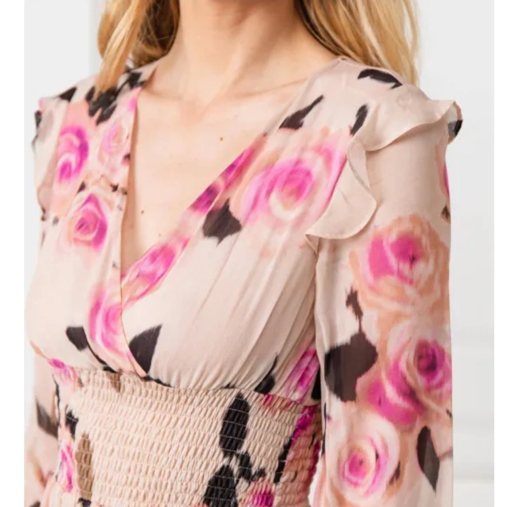 Pinko blooms smocked dress in pink roses ruffles flowy midi feminine Sz 2 - Picture 5 of 15